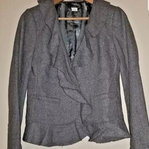 J CREW WOMANS WOOL BLAZER LINED GRAY RUFFLED SZ 2